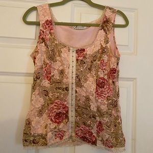 Dressbarn Women’s Tank Top Pink Floral Corset Hook & Eye Front Closure